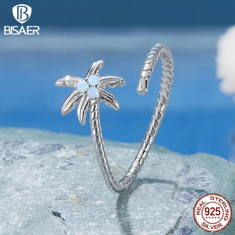BISAER 925 Sterling Silver Coconut Tree Open Ring Opal Band Plated White Gold for Women Party Original Fine Jewelry Holiday Gift