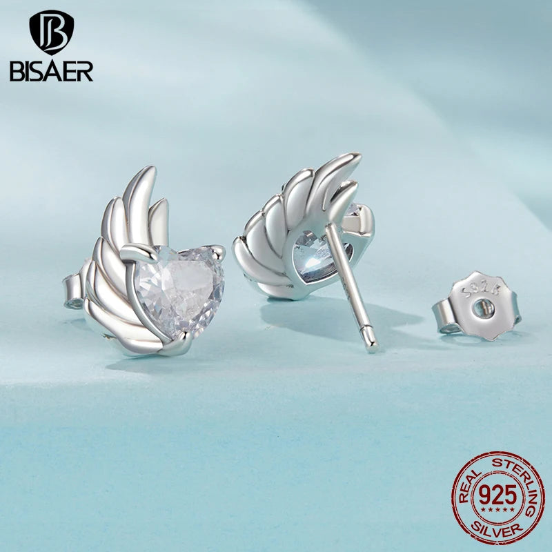 BISAER Real 925 Sterling Silver Wing Stud Earrings Heart Zircon Hypoallergenic Earrings for Women Party Weedding Fine Jewelry