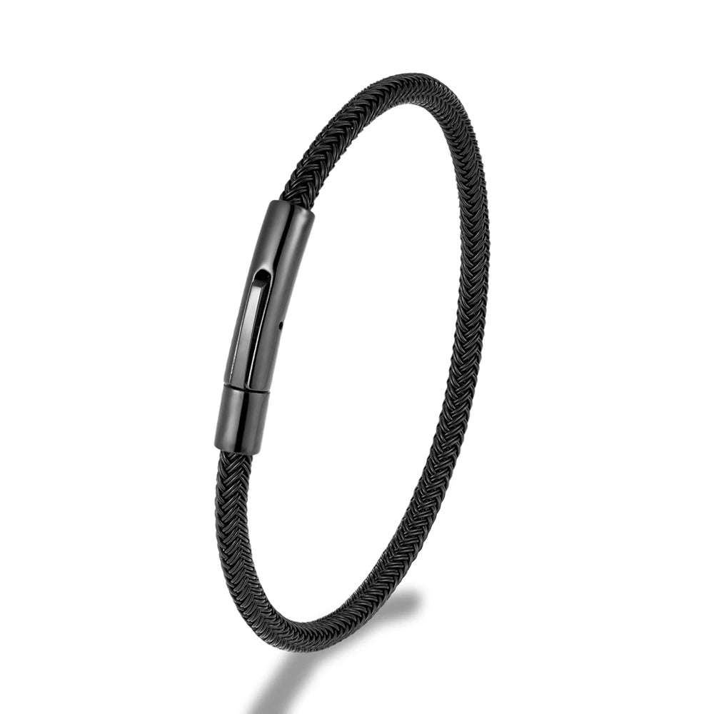 MKENDN Classic Men Women Jewelry Black Non-fading Steel Wire Rope Bracelet Classic Cuff Charm Button Bracelet for Couple Jewelry