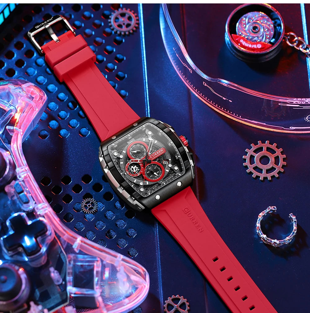 CURREN Fashion Sports Watches with Large Dial Unique RectangularHollow Design Quartz Wristwatches with Chrongraph Auto Date 8442