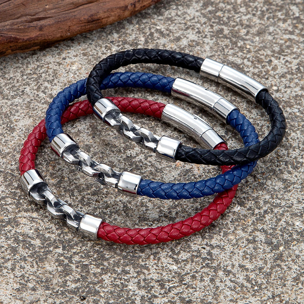 MKENDN Simple Style Vintage Locomotive Men Bicycle Chain Braided Leather Bracelet Stainless Steel Easy Buckle Male Jewelry