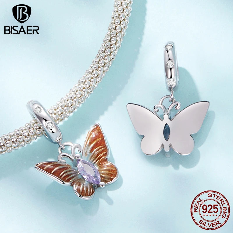 BISAER 925 Sterling Silver Butterfly Charm Eternal Flower Pendant Sun Silicone Spacer Beads for Women DIY Bracelet Fine Jewelry