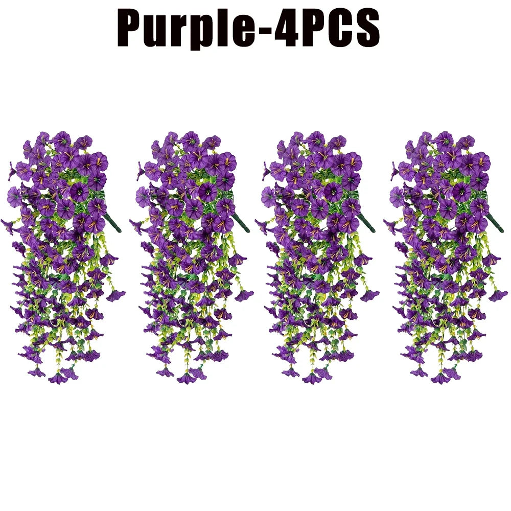 Artificial Hanging Flowers Plants Silk Morning Glory Flowers with Eucalyptus Leaves for Home Garden Porch Window Decoration