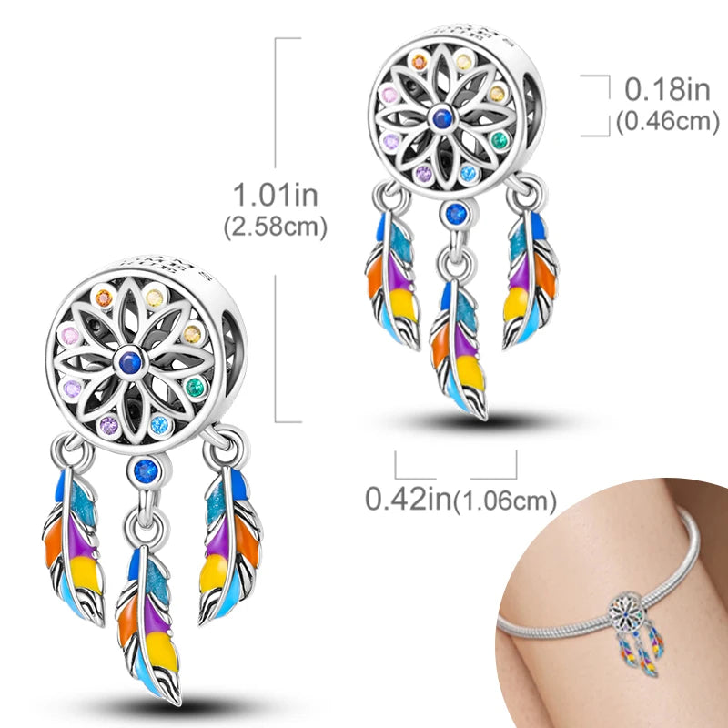 925 Sterling Silver Pendant Charms Feather Dreamcatcher Charm Bead For Original Charm Bracelet Necklace Bead DIY Jewelry Gift