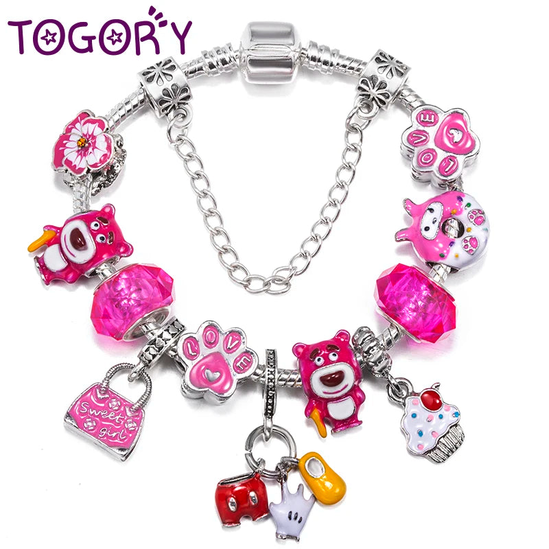 Silver Plated Cartoon Bear Ice Cream Beads Charm Bracelet For Women With DIY Beand Pendants Bracelet Jewelry Gift Dropshipping
