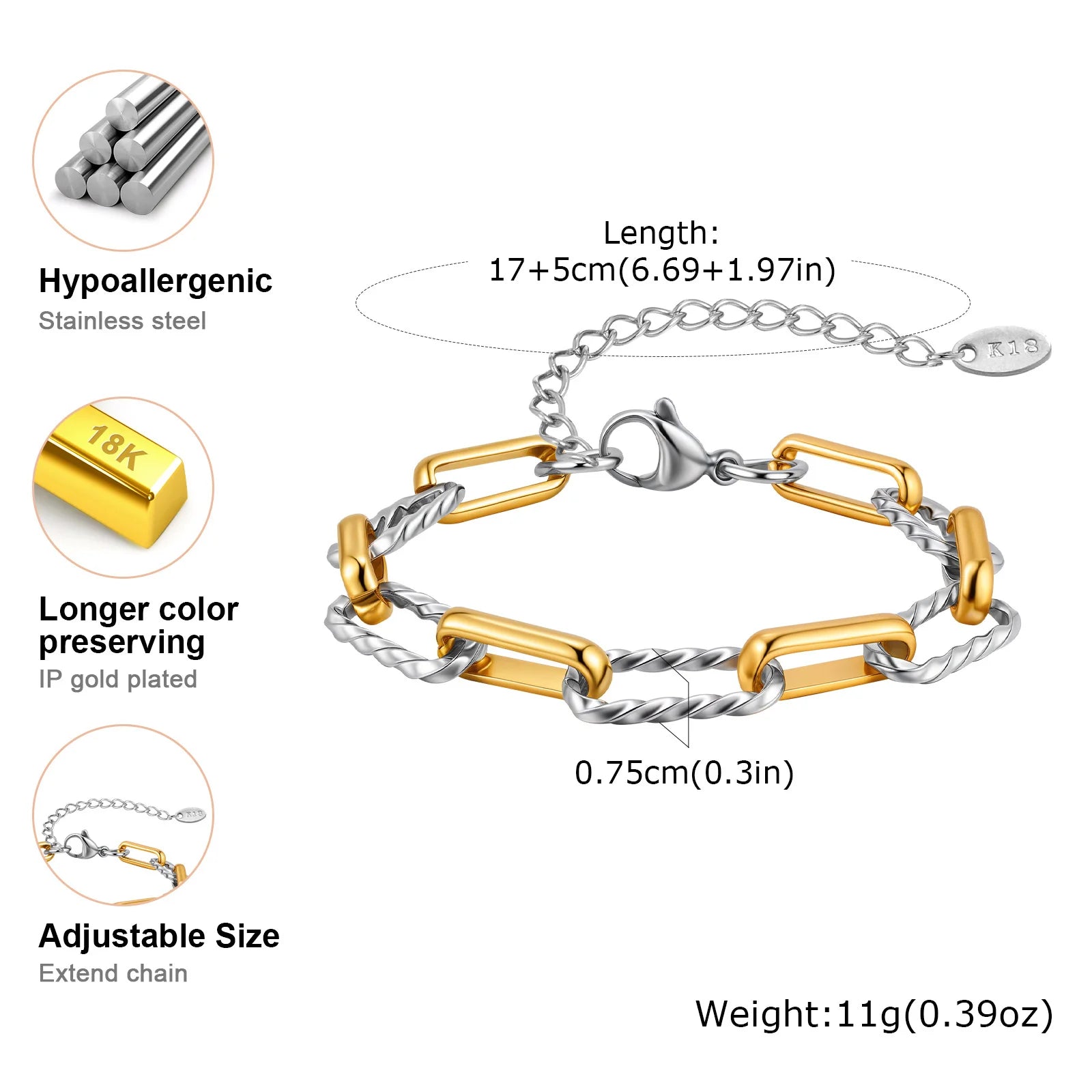 Vnox Shiny Paperclip Bracelet For Women,Stainless Steel Waterproof Rectangle Colorful Chain Bracelets,Trendy Metal jewelry Gift