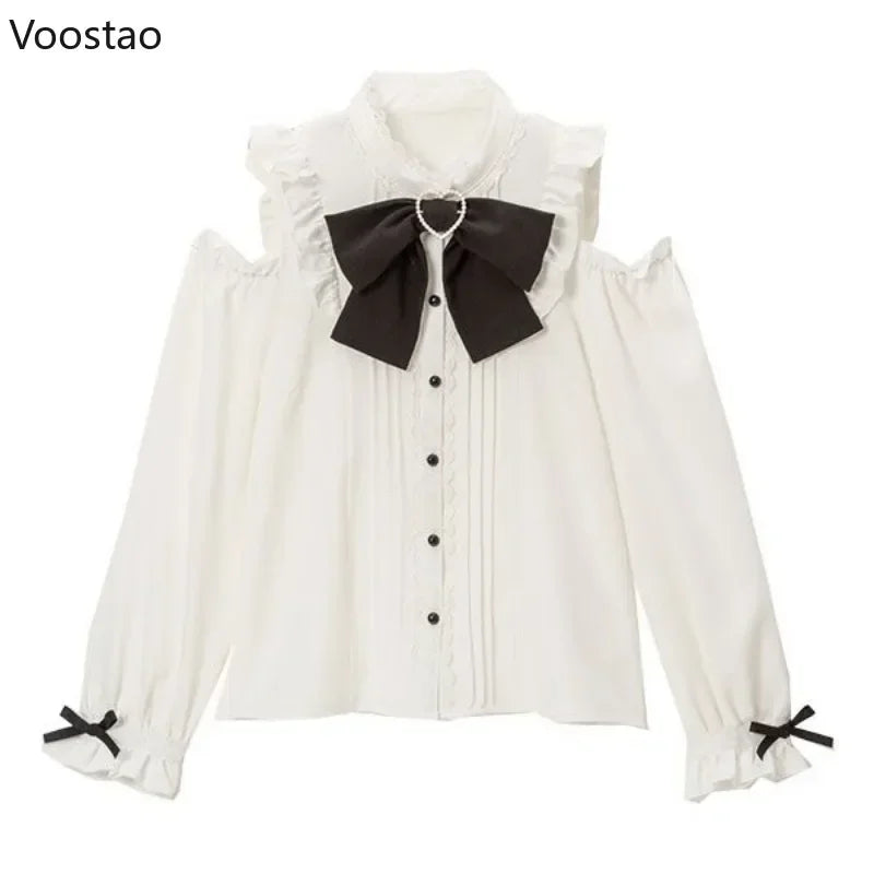 S-4XL Kawaii Women Lolita Shirts Bow Hearts Buckle Blouse Y2k Japanese Hollow Out Long Sleeve Sweet Tops Office Ladies JK Shirt