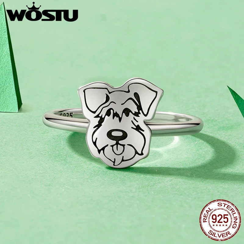 WOSTU Adjustable 925 Sterling Silver Dog Ring for Dog Lovers, Flat Cut Pet Animal Puppy Signet  Stacking Rings Girl Jewelry Gift