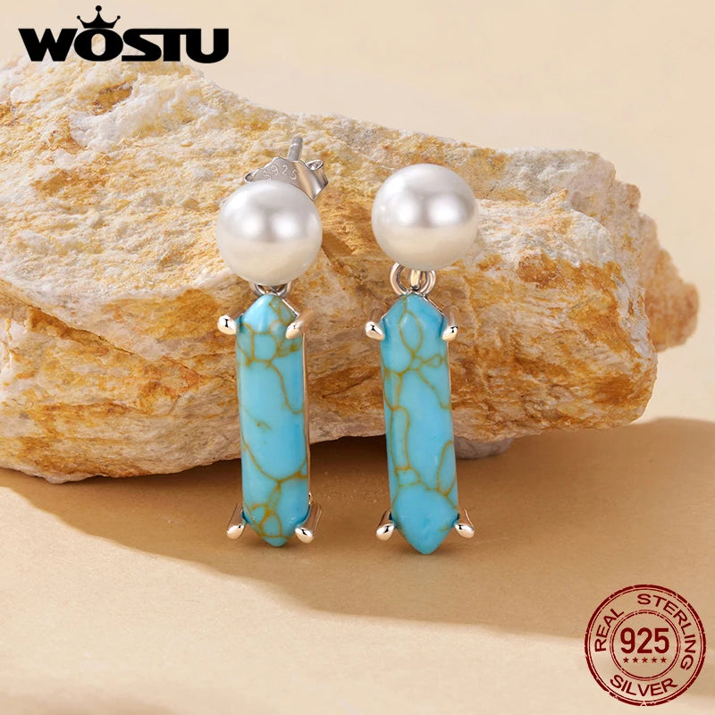 WOSTU 925 Sterling Silver Pearl &Turquoise Drop Dangle Earrings for Women Elegant s925 Silver Party Holiday Jewelry Gift