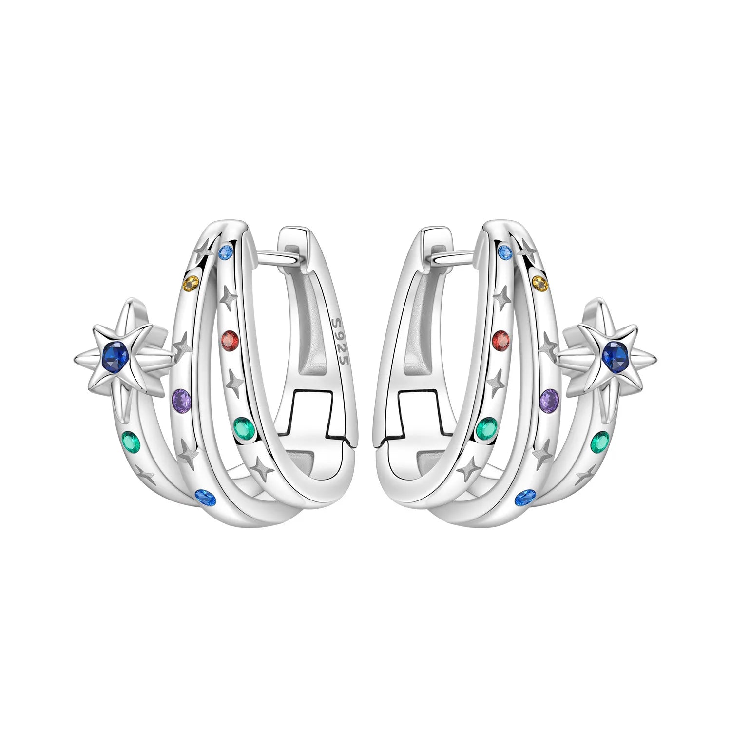 PANPOKI Original 925 Sterling Silver Double Circle Colored Starry Sky Earrings Women Hoop Earring Anniversary Jewelry Gifts