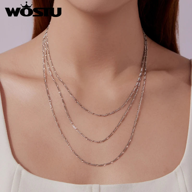 WOSTU Real 925 Sterling Silver Figaro Link Chain Necklace for Women Girls, s925 Silver Thin & Strong Necklace Chain Basic Links