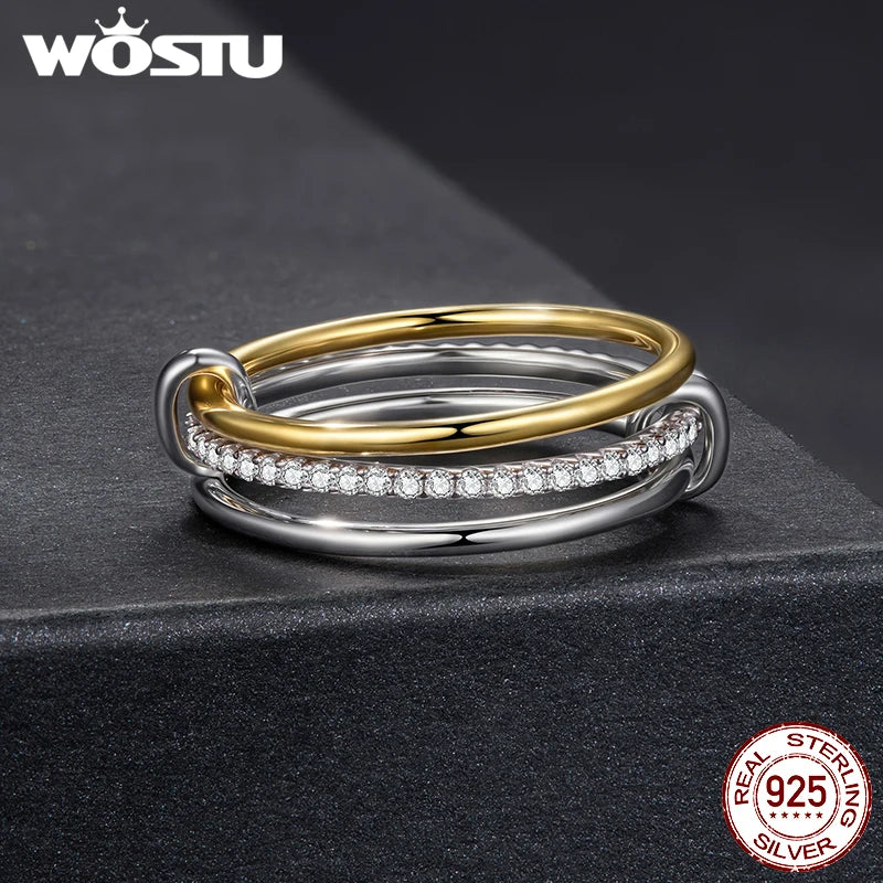 WOSTU Moissanite Interlocked Stackable Rings for Women 925 Silver 18K Gold Two-Tone Three-layer Moissanite Metal Connected Ring