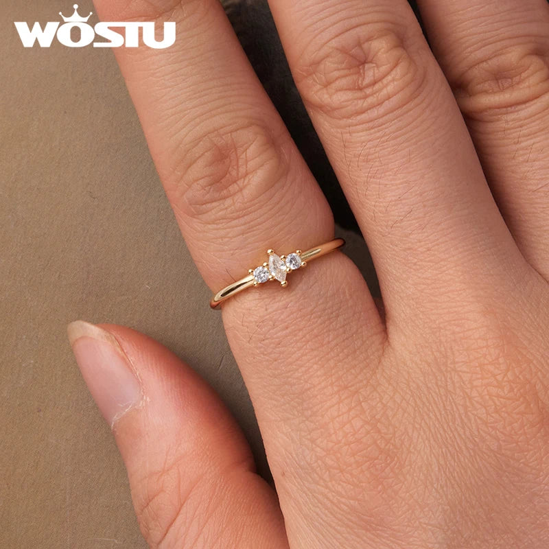WOSTU 925 Sterling Silver Marquise Round Mini Cubic Zirconia Stackable Rings Plated gold for Women Anniversary Fine Jewelry Gift