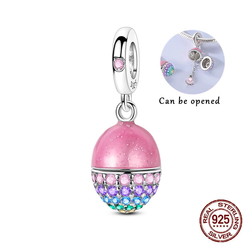 Fit Original 925 Sterling Silver Charms Beads Luminous Easter Egg Pink Baskets Charms for Women Fine DIY Birthday Jewelry Gifts