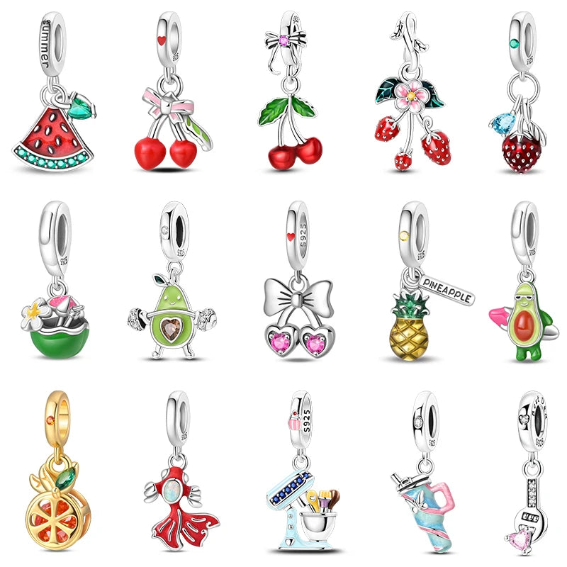 Original Charms Beads 925 Sterling Silver Cherry Strawberry Avocado Watermelon Fruits Charms Pendants For Woman Jewelry Making