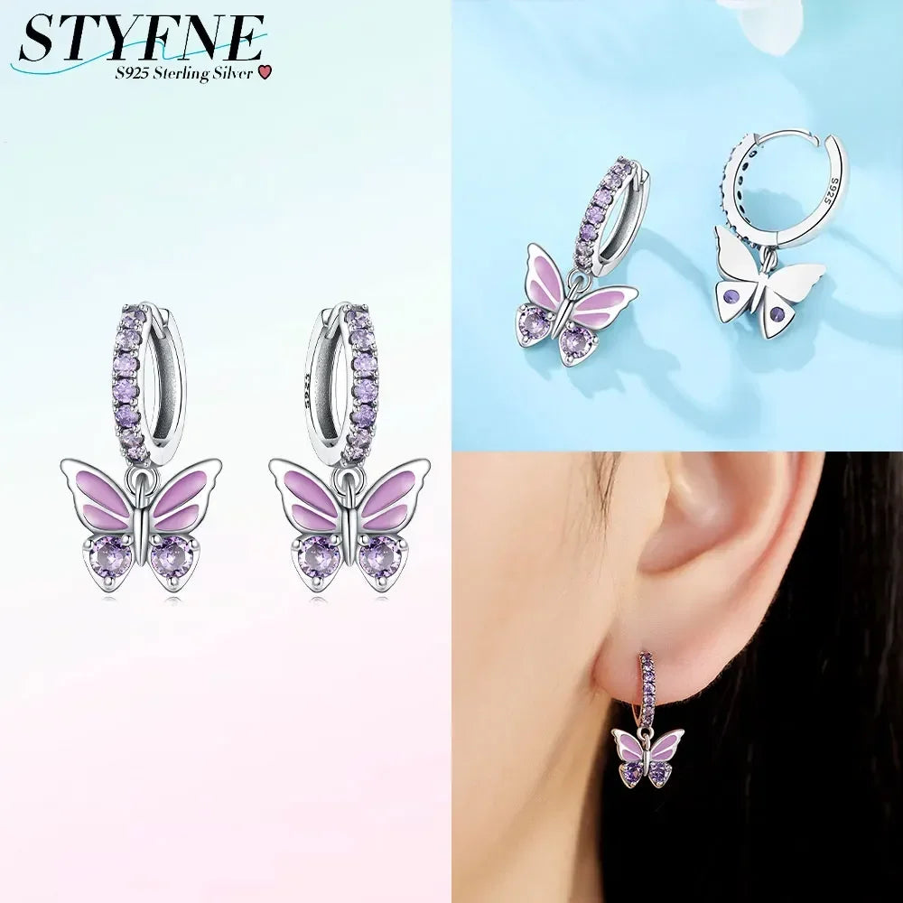 925 Sterling Silver Earrings Women Jewelry Butterfly Flower Pink Flowers Zircon Hoop Ear Studs Sparkling Earring Wedding Gift