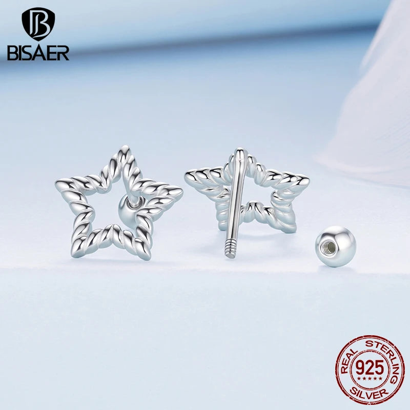 BISAER 925 Sterling Silver Star Stud Earrings Minimalist Stars Earrings Plated White Gold for Women Party Original Fine Jewelry