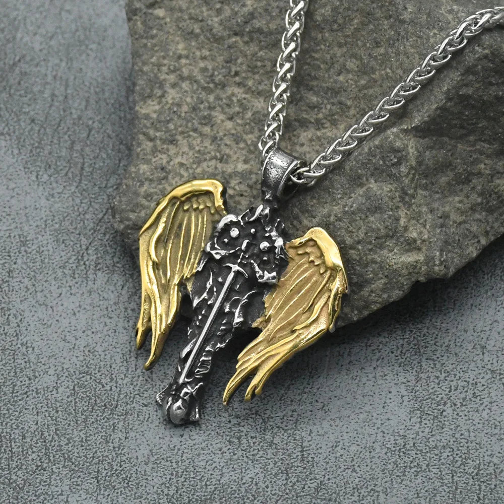 Norse Men's Knight Archangel Wings Pendant Guardian Angel Christian Amulet Necklace Holder Fashion Male Jewelry Gift