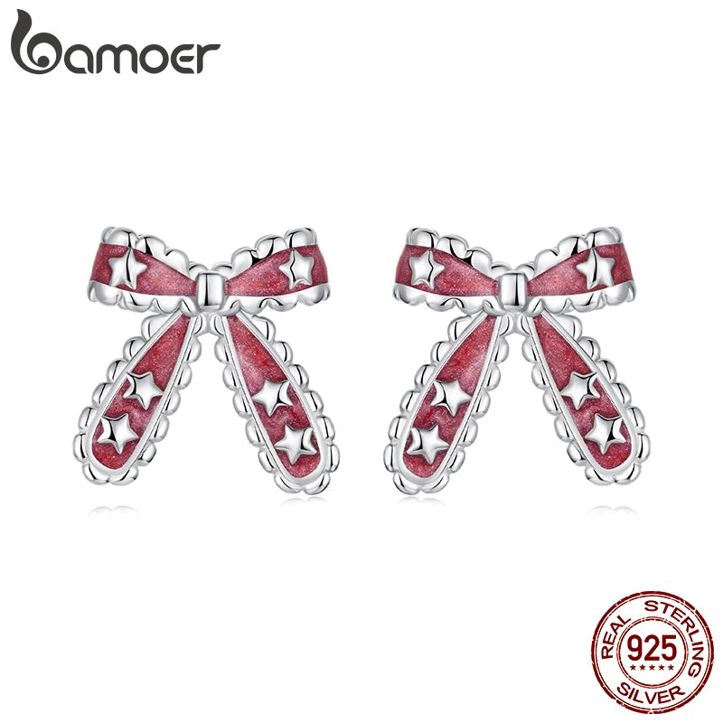 BAMOER 925 Sterling Silver Christmas Bow Stud Earrings, Enamel Stars Piercing Earrings Sweet Jewelry for Women Teen Xmas Gift