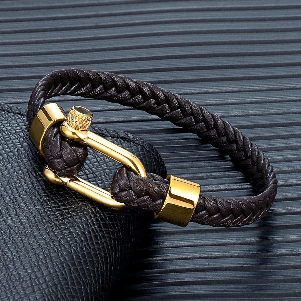 MKENDN Punk Gold Plated Stainless Steel U-shape Shackle Bucklae Bracelets Black Blue Braided Leather Bracelet Homme Pulseras