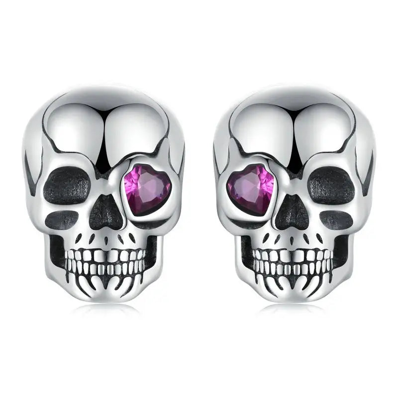 WOSTU 925 Sterling Silver Vintage Skull Stud Earrings For Women, Purple Rose Heart Zircon Punk Spider Ear Studs Halloween gift