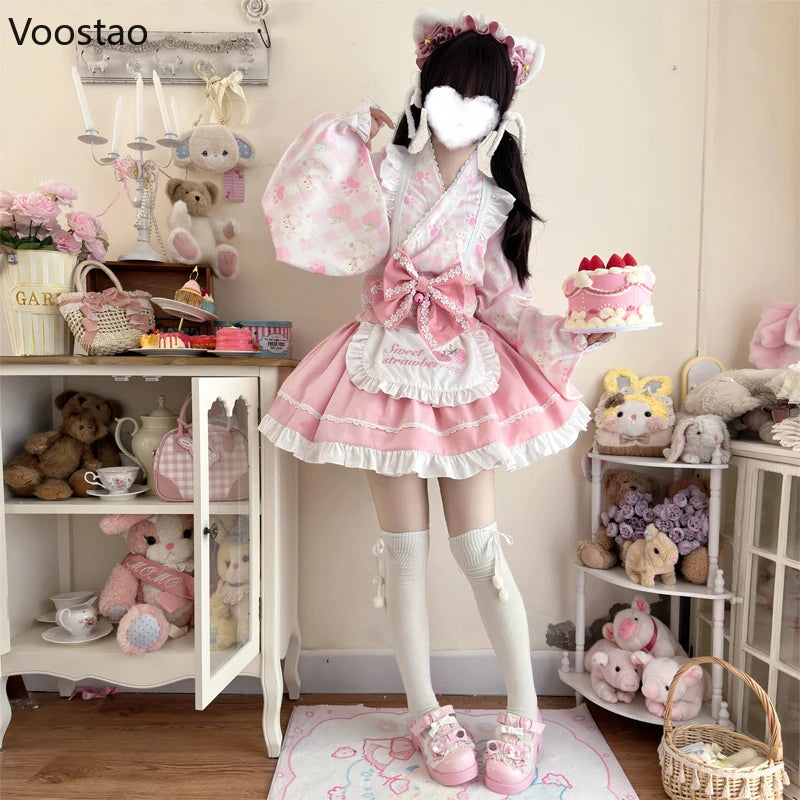 Japanese Sweet Lolita Kimono Dress Women Kawaii Strawberry Cat Print Bow Apron Maid Cosplay Costumes Girls Animation Show Dress