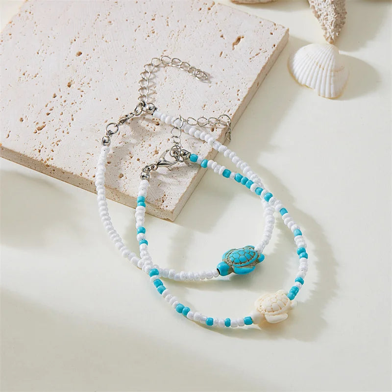 Bohemian Mixed Color Rice Beads Starfish Turtle Pendant Anklet For Women Bracelet On The Leg Beach Barefoot Sandal Leg Jewelry
