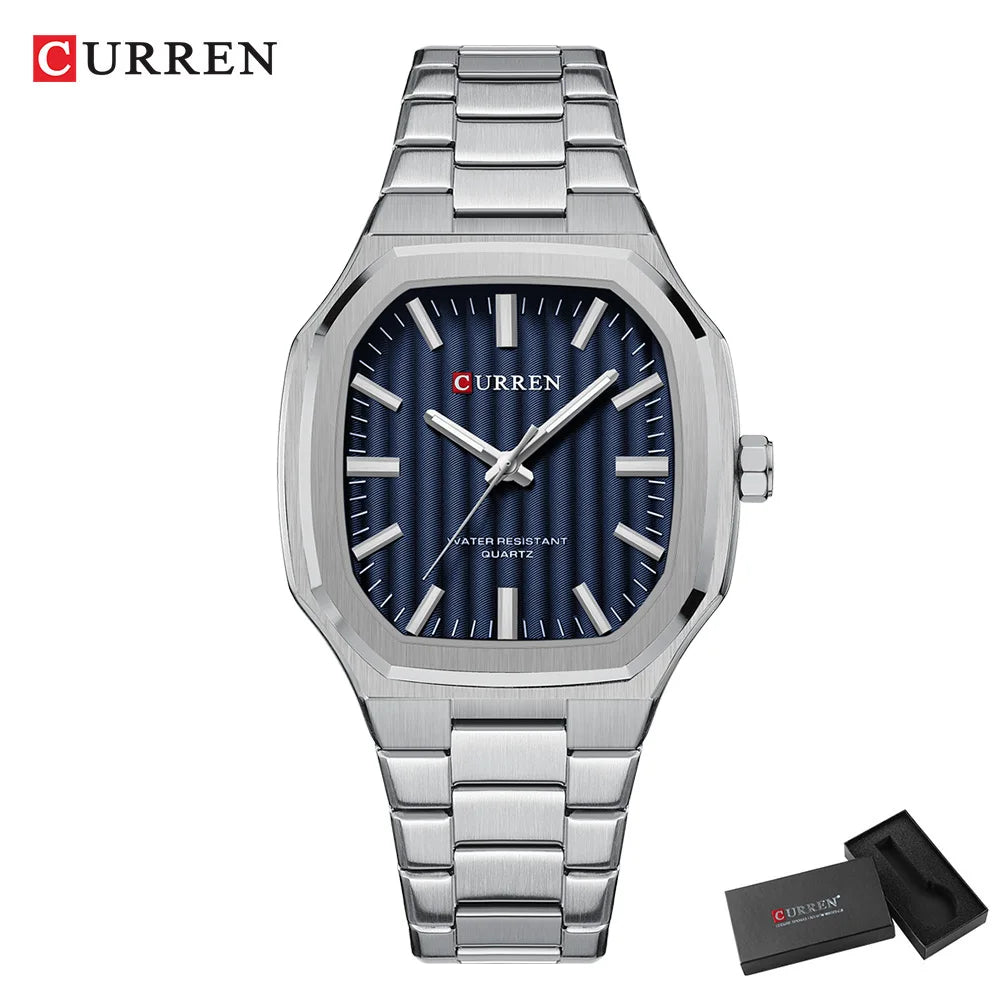 CURREN Luxury Business Square Quartz Watches  Classic Stripe Design Dial with Stainless Steel Band Wristwatch for Men