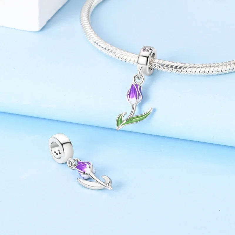 Real S925 Sterling Silver Colorful Hummingbird Flowers Charms Spring Series Beads Fit Original Bracelets DIY Jewelry for Women