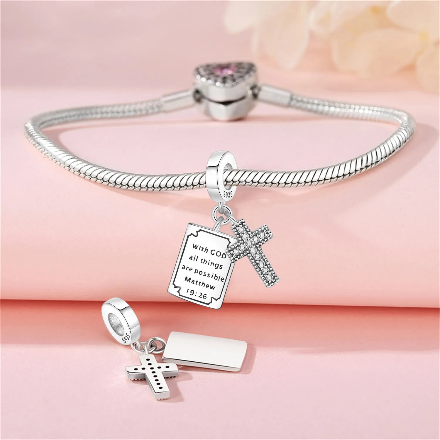 PANPOKI 925 Sterling Silver Biblical Cross Religious Symbol Beads Original Pendant Bracelet Charm Jewelry Party DIY Trendy Gift