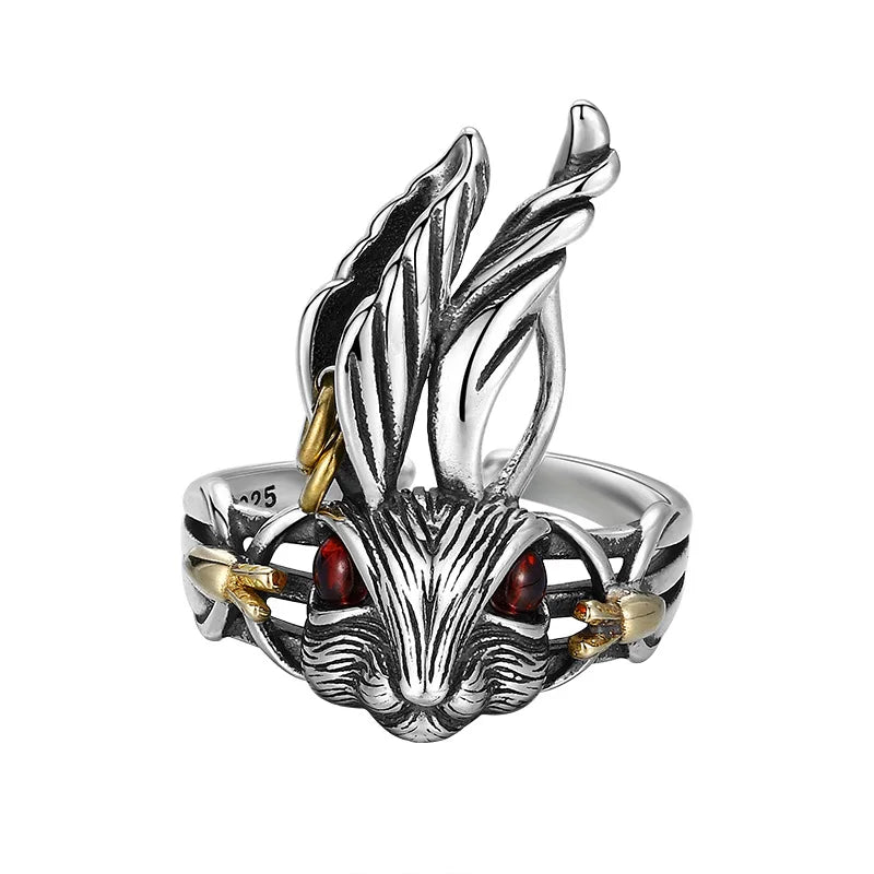 MKENDN Vintage 100% 925 Sterling Silver Big Ear Rabbit Ring With Red Eyes For Men and Women Gothic Street Hip Hop Punk Jewelry