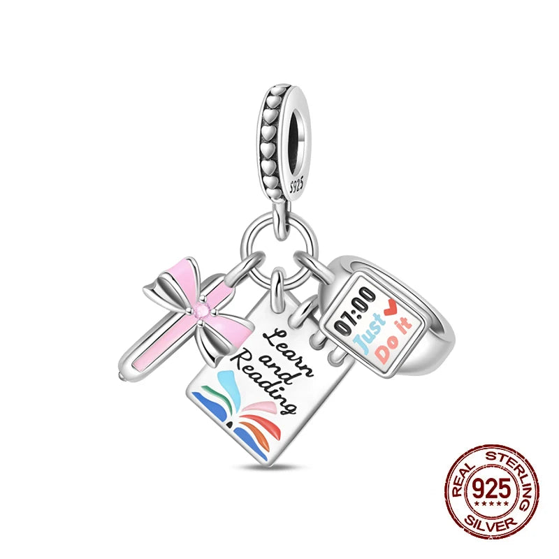 Original 925 Sterling Silver Charms Beads Graduation Season College Entrance Bachelor's Cap Pendant for Bracelet Charm Jewelry