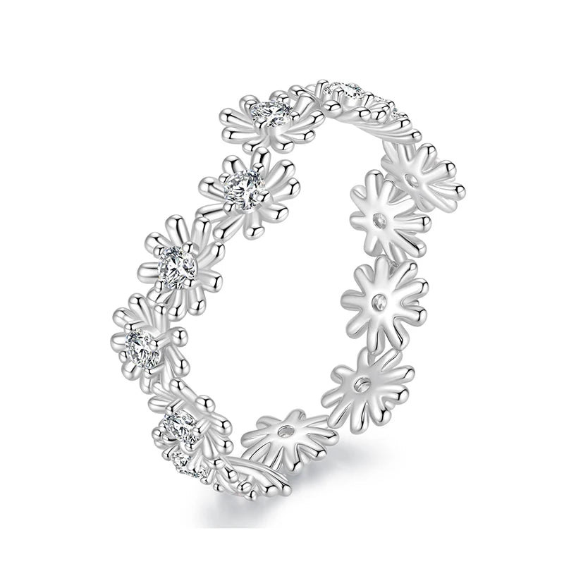 WOSTU Full Moissanite Daisy Staking Rings for Women , 925 Sterling Silver Simple flower Diamond Cut Band Rings Wedding Xmas Gift