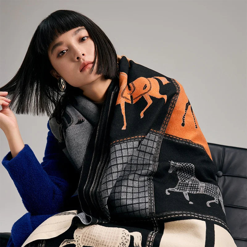 New Hot Winter Scarf Women Soft Cashmere Warm Pashmina Plaid Horse Print Scarves Wraps Thick Shawl Bufandas Tassel Stoles Hijabs