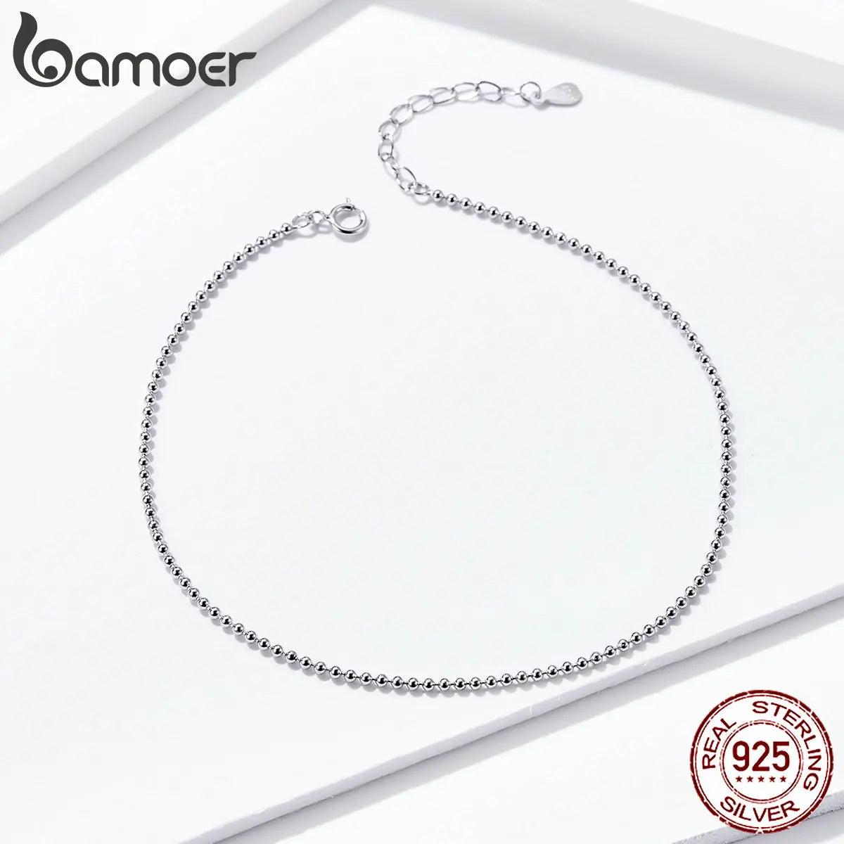 BAMOER Hot Sale Simple Essential Bead Link Anklets 925 Sterling Silver Bracelet for Foot Jewelry Silver Female Leg Chain SCT002