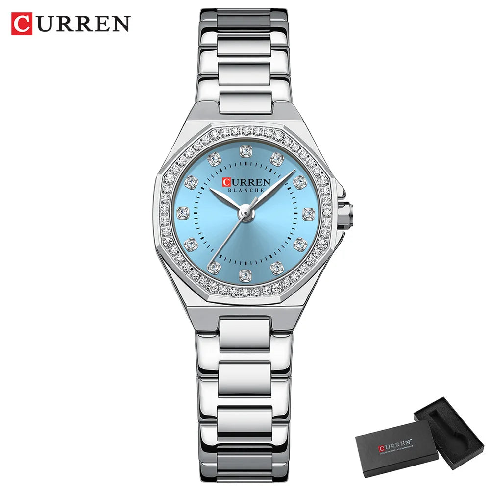 CURREN Luxury Elegance Watch for Women Simple Quartz Wristwatches with Sparkling Rhinestones Stainless Steel Bracelet Waterproof