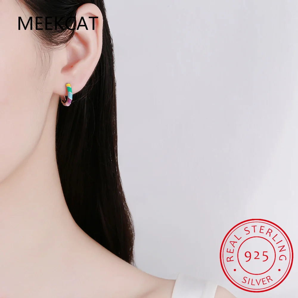 925 Sterling Silver Colorful Enamel Round Ear Buckles for Women Rainbow Glaze Twist Hoop Earring Huggies Fine Jewelry Gift