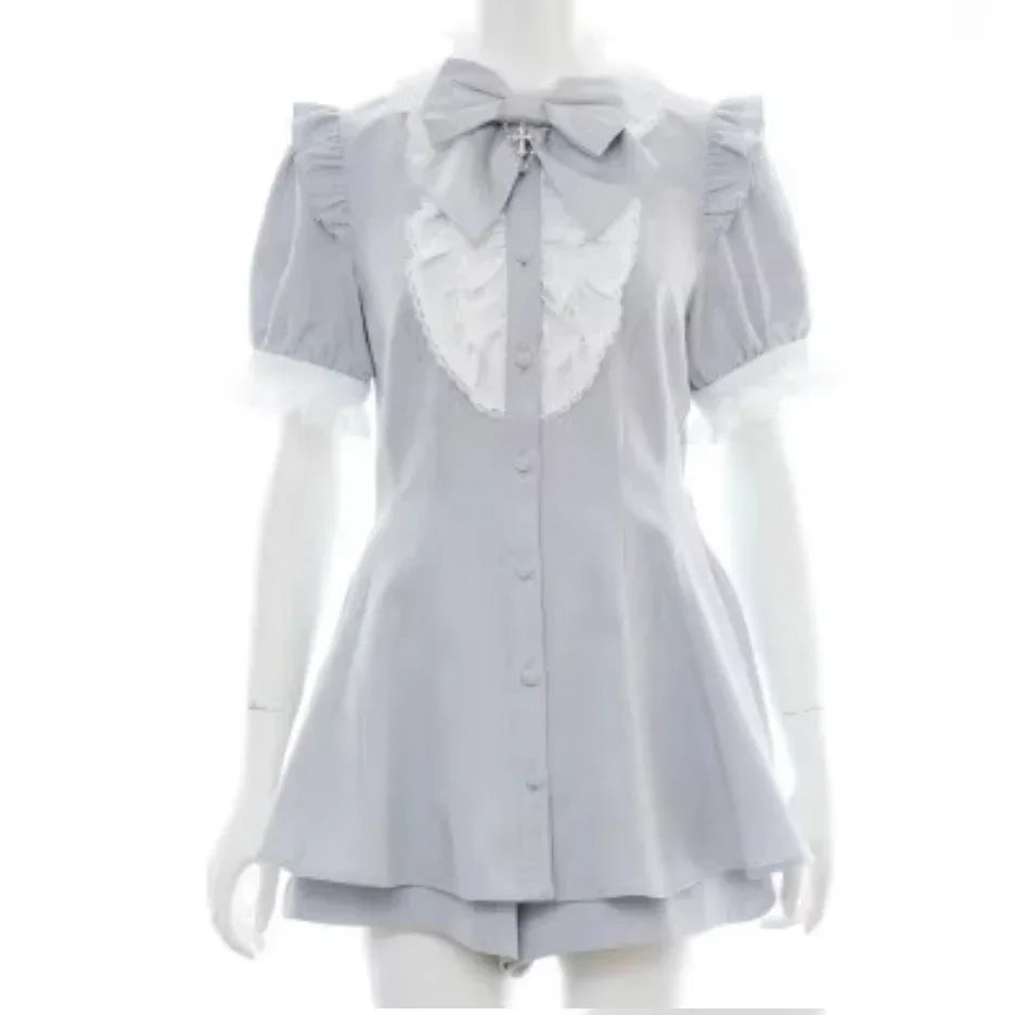 Vintage Lolita Plaid Bow Dress Shorts Set Women Gothic Cross Lace Ruffles Shirt Party Dress 2 Piece Sets Japanese Y2k Outfits