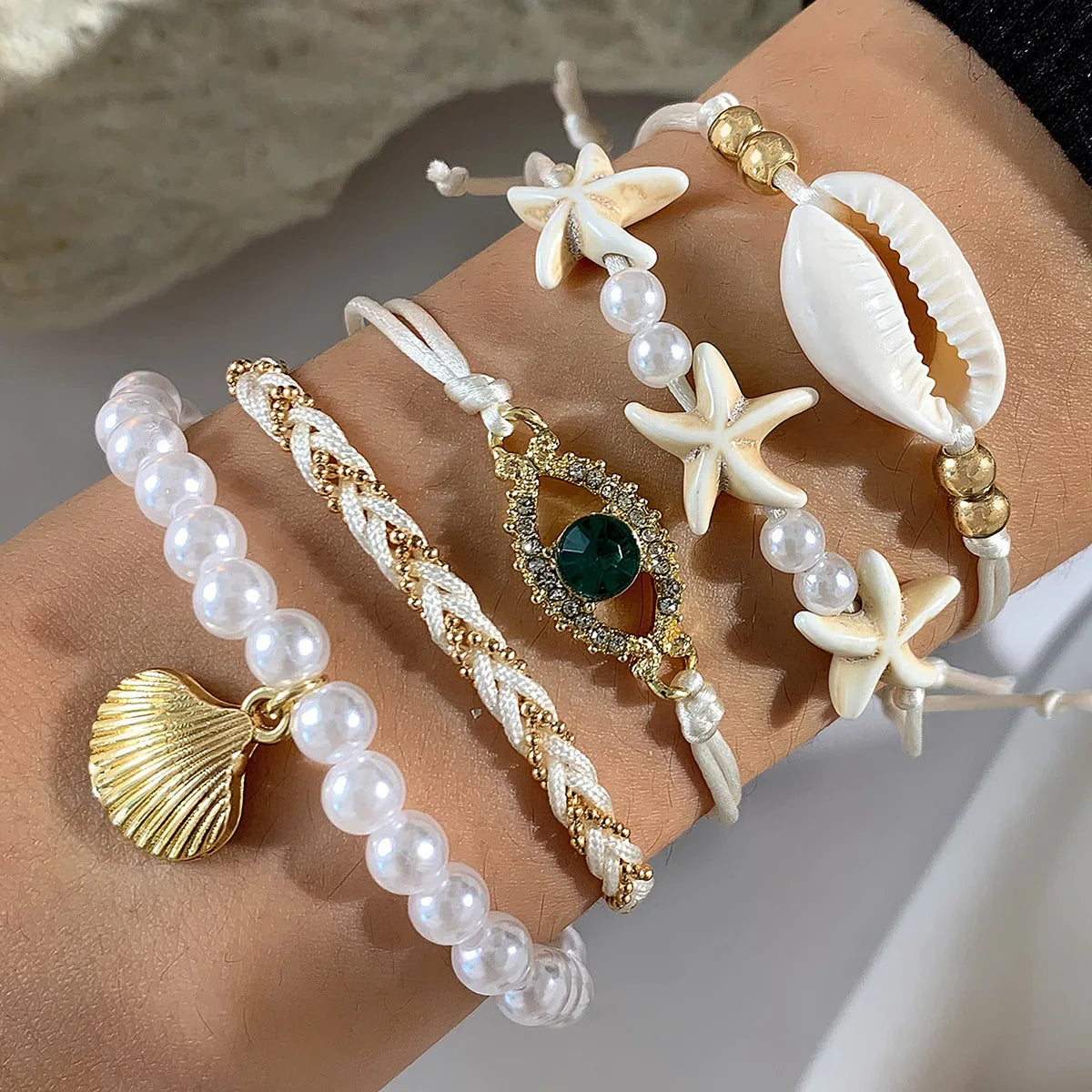 5Pcs Bohemia Shell Starfish Bracelet Set For Women Imitation Pearl Evil Eye Multilayer Beaded Bangles Sand Beach Party Jewelry