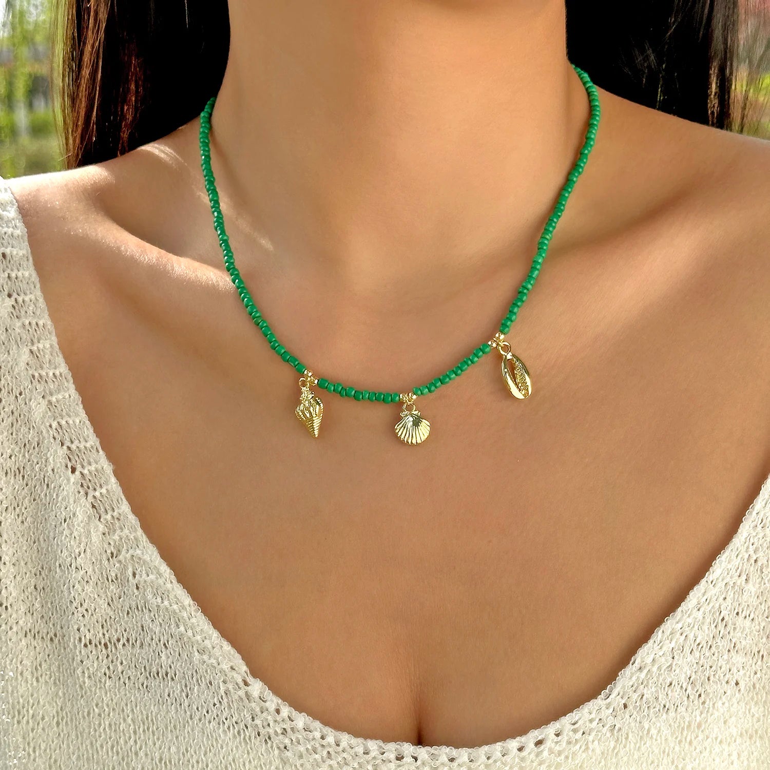 Simple Colorful Ceramic Fish Irregular Stone Beaded Necklace For Women Conch Starfish Shell Pendant Rice Beads Choker Jewelry