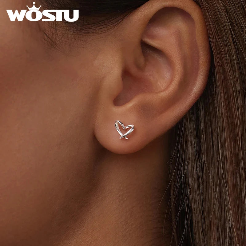 WOSTU 925 Sterling Silver Mini Heart Stud Earrings For Women , Simple Wedding Hollow Earrings for Women Minimalism Jewelry Gift