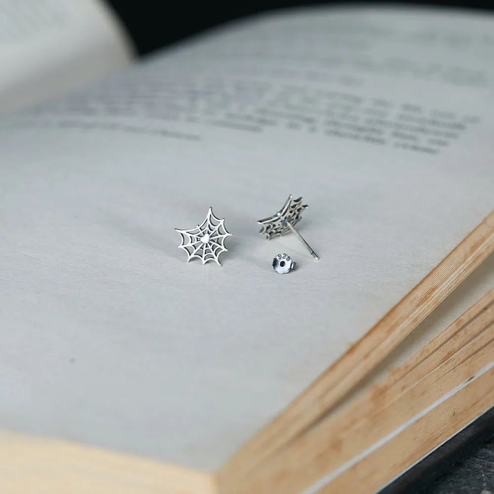 MKENDN Neo-Gothic Style 100% 925 Sterling Silver Creative Retro Spider Web Stud Earrings Personality Minimalist Ear Jewelry
