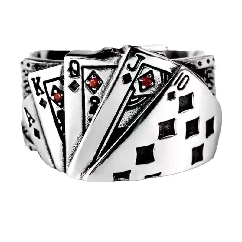 Retro Royal Flush Poker Ring For Men Punk Gothic Rock Hiphop Open Ring Unisex Accessories Handmade Designer Jewelry Lover Gift
