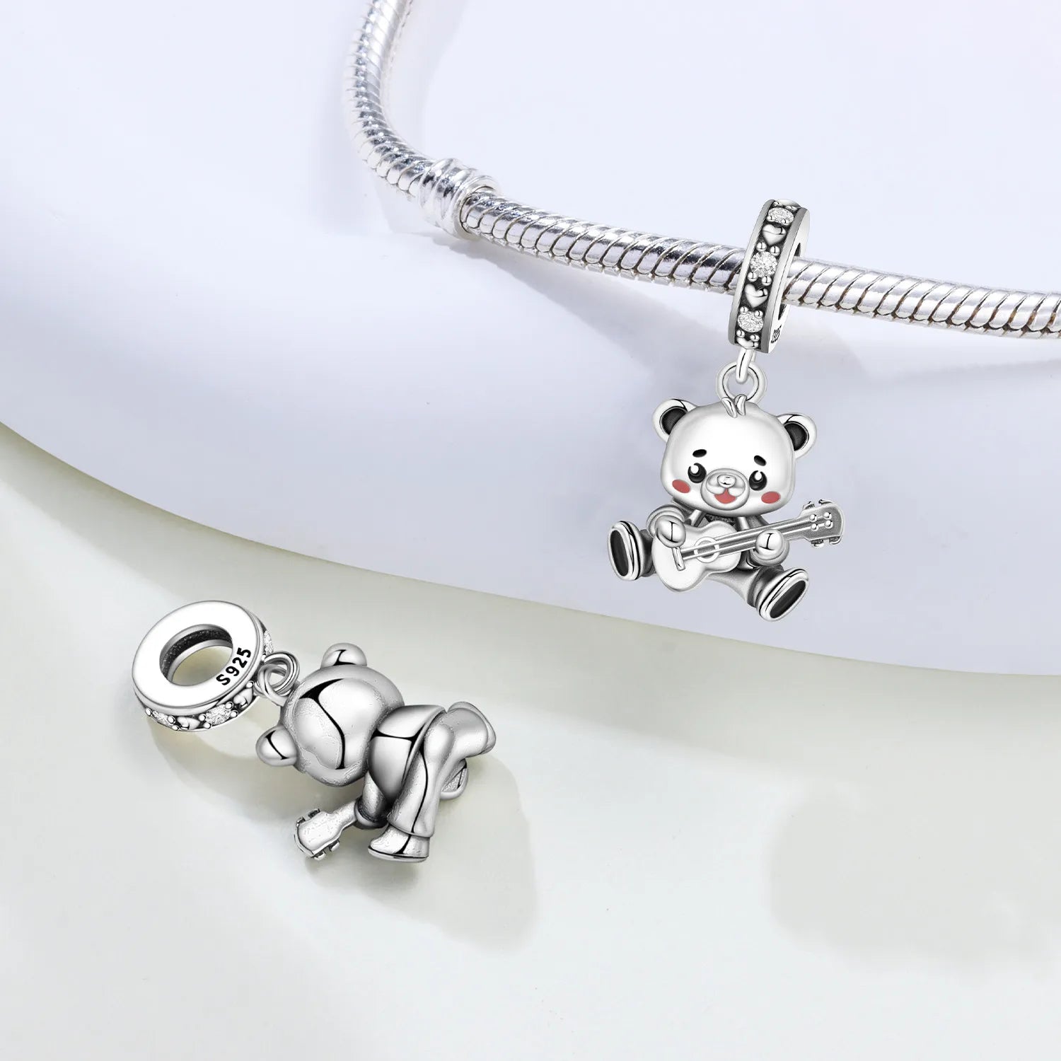 PANPOKI 925 Sterling Silver Bear Playing Guitar Beads Original Pendants Bracelet Charm Jewelry DIY Necklace Bracelet Fine Gifts
