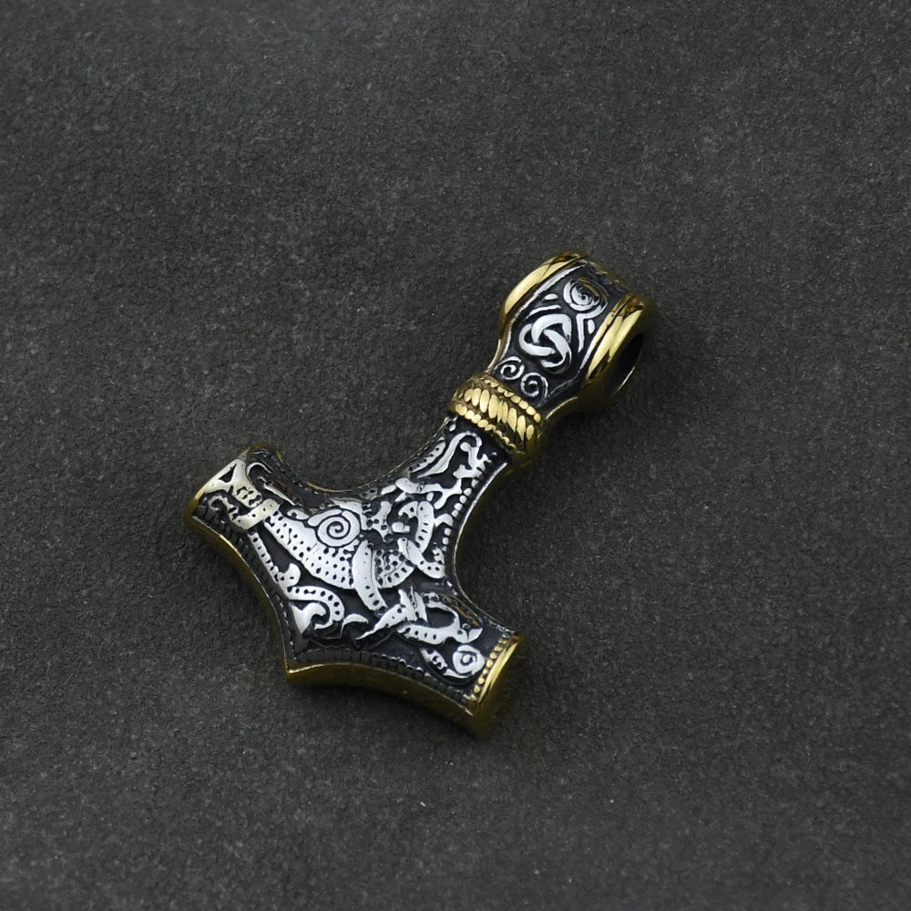 Stainless Steel Wolf Head with King Chain Necklace thor's hammer mjolnir viking  Rune Amulet Domineering Biker Jewelry