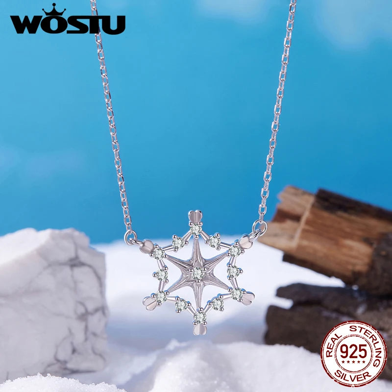 WOSTU Christmas Real 925 Sterling Silver Snowflake Pendant Necklace with Clear Cubic Zirconia New Year Holiday Jewelry Gift
