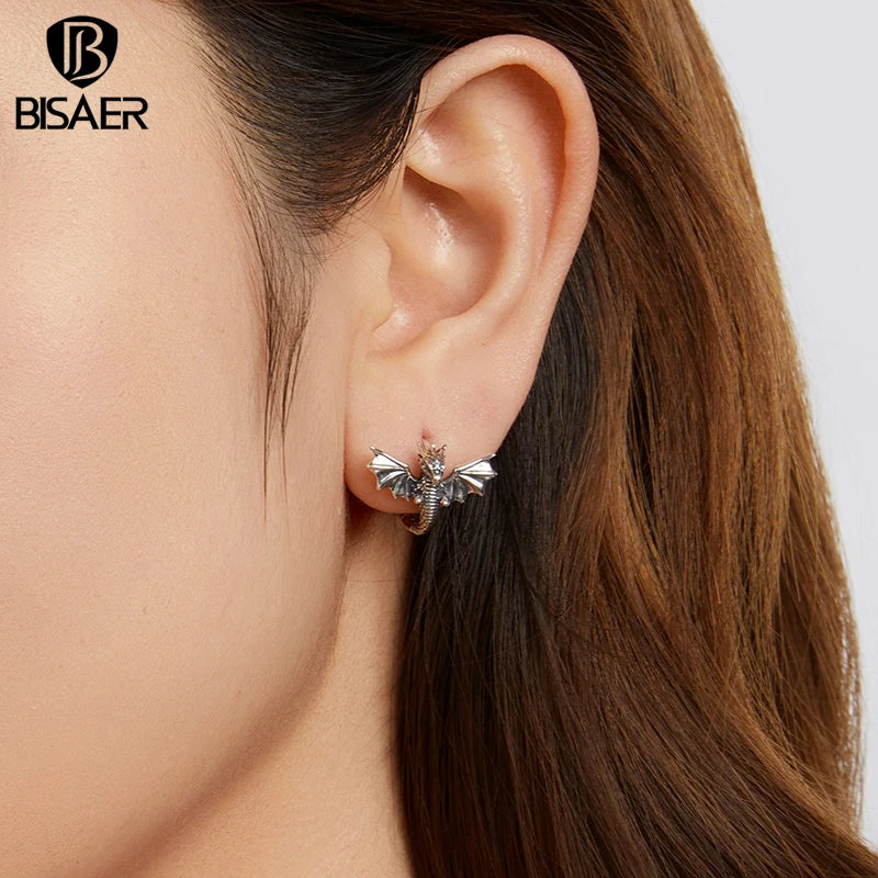 BISAER Real 925 Sterling Silver Flying Dragon Hoop Earrings Retro 3D Dragon Ear Hooks for Punk Hip Hop Women Party Fine Jewelry