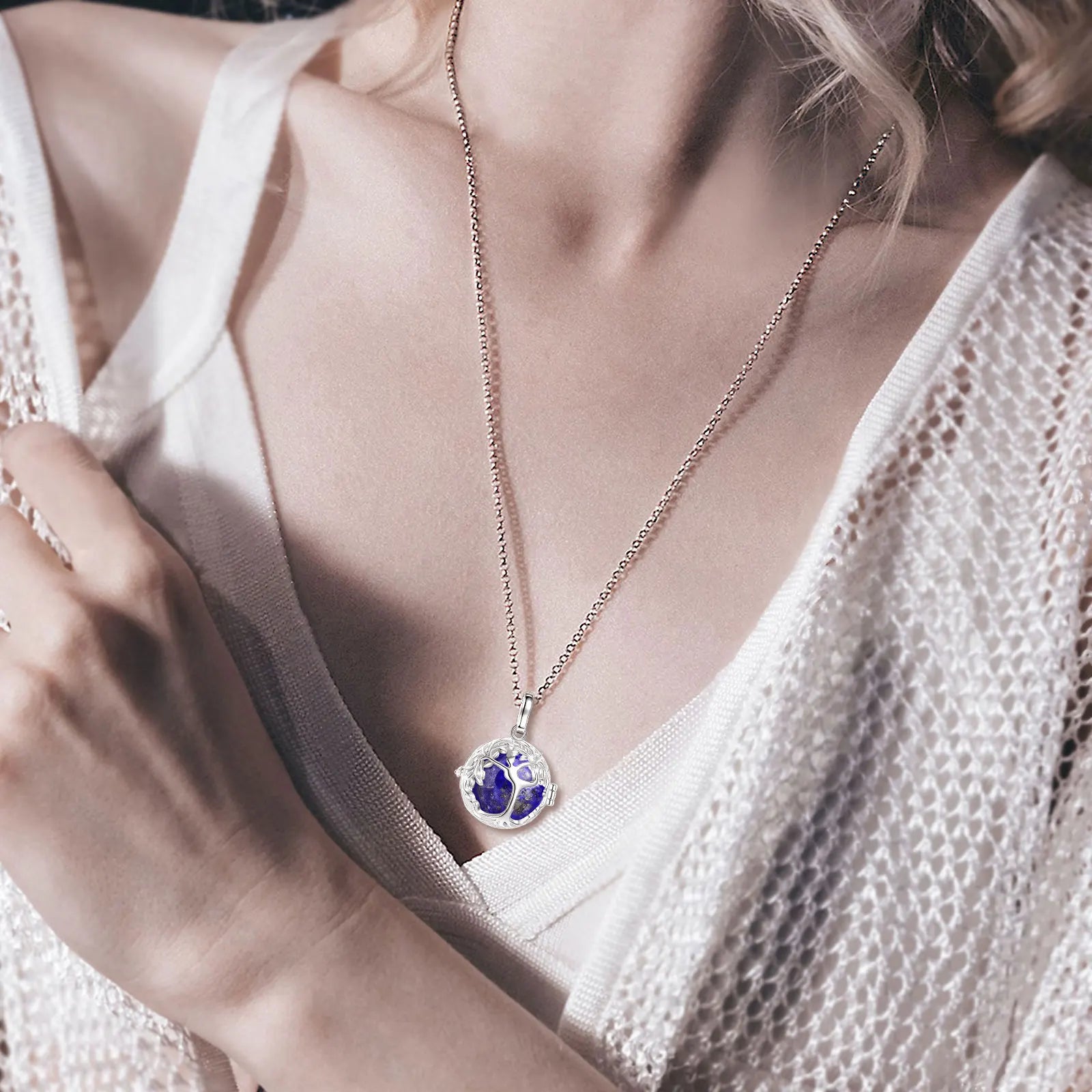 Eudora Tree of Life Cage Necklace Obsidian Energy Healing Crystal Stone Amethyst Lapis Pendant Spiritual Jewelry Meditation Gift