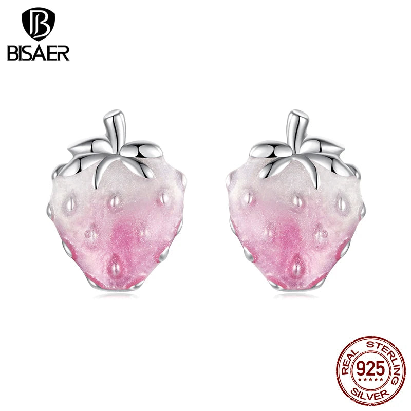 BISAER 925 Sterling Silver Strawberry Stud Earrings Gradient Pink Enamel Stud Ear Plated White Gold for Women Party Fine Jewelry