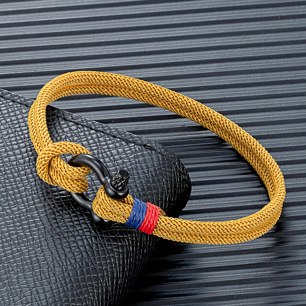 MKENDN Schwarzes Armband aus Edelstahl mit Hufeisenschnalle für Männer und Frauen, marineblaues Überlebensarmband aus geflochtenem Seil, Paarschmuck